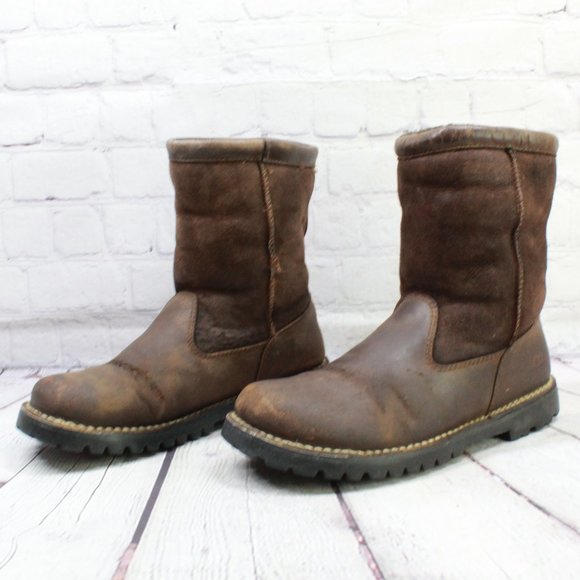 UGG Brown Leather Suede Sheepskin Lined Winter Boots Size 10 - Picture 2 of 9